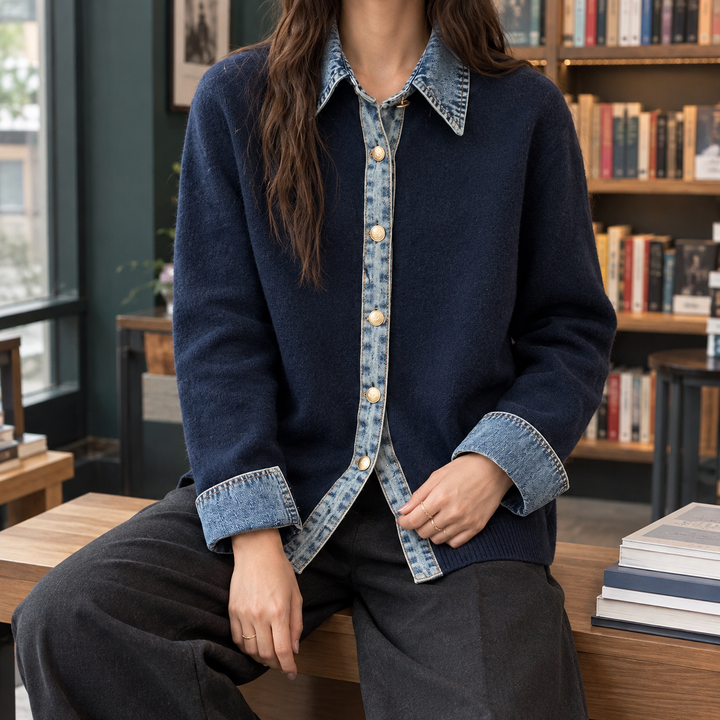 Women's Denim Trim Collared Button-Through Cardigan – Elinor – Navy – front view