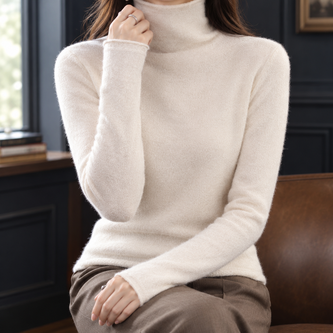 Women's Fine Cashmere Slim Roll Neck Jumper – Toni – Cream – front view