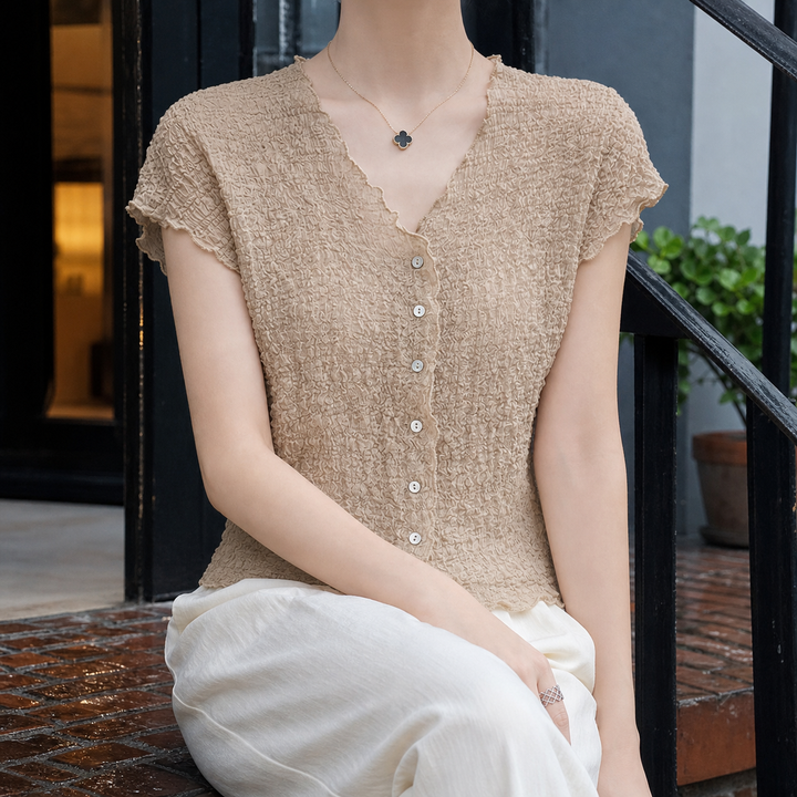 Women's crinkle knit cardigan Trudy in Camel – front view