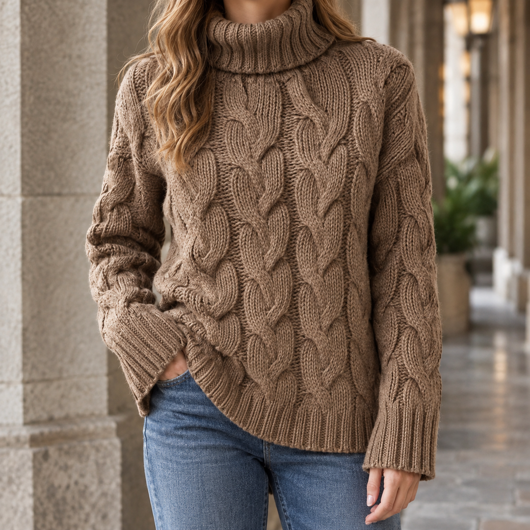 Ella - Women's cable knit roll neck jumper in Taupe – front view