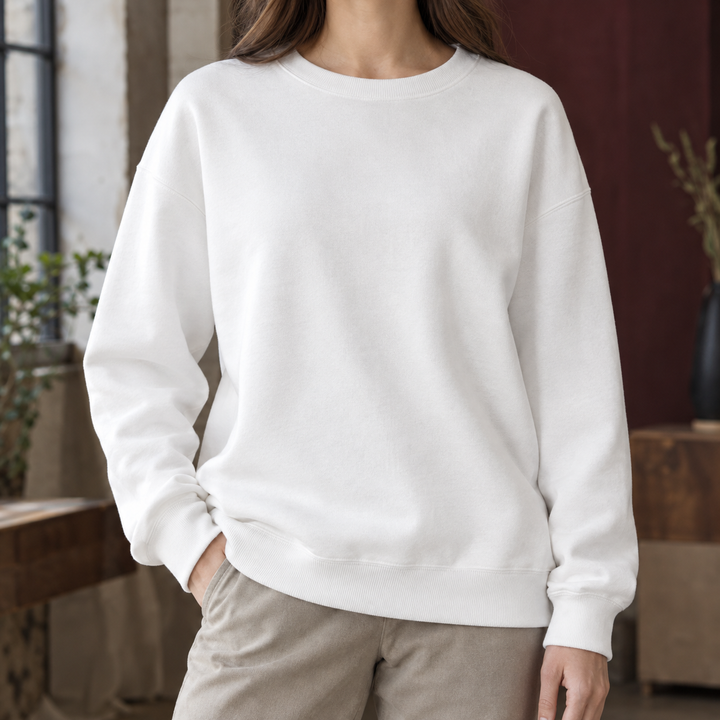 Women's Relaxed Drop-Shoulder Crew Neck Sweatshirt – Marsaili – White – front view