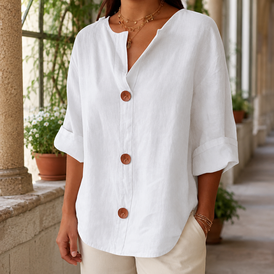Women's Relaxed V-Neck Three-Quarter Sleeve Shirt Valencia – White – front