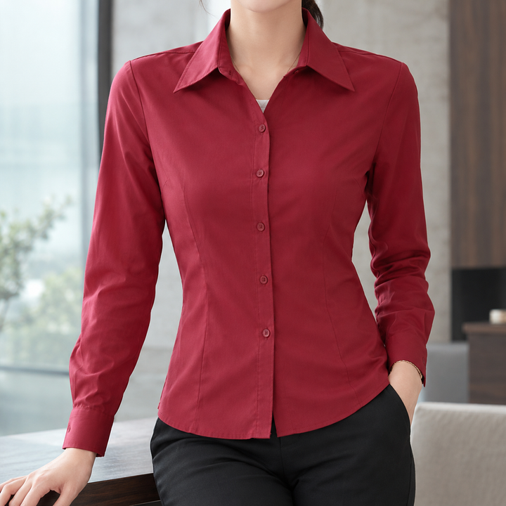 Women's Slim Fit Long Sleeve Button-Up Office Shirt Yolanthe – Burgundy – front