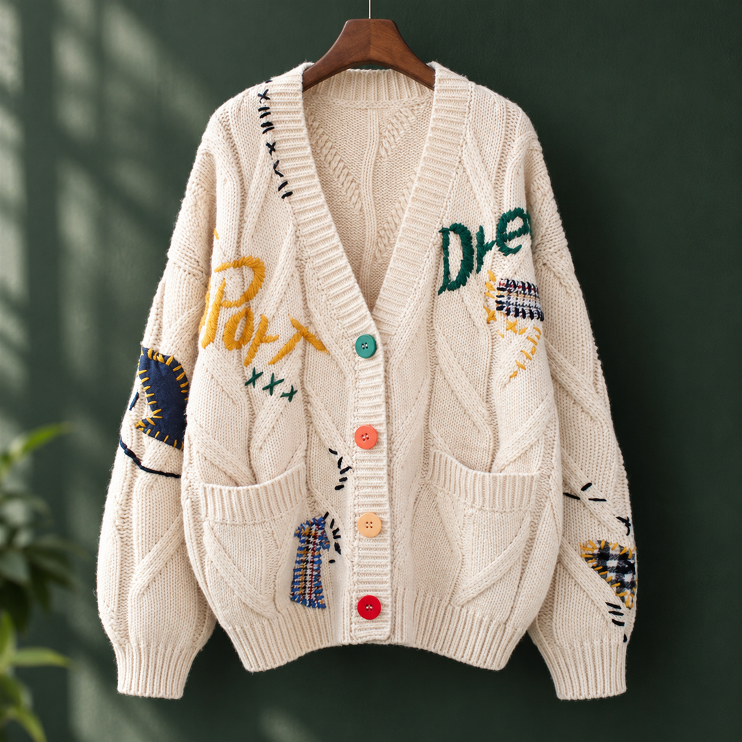 Hermione - Women's embroidered cable knit cardigan in Cream – front view