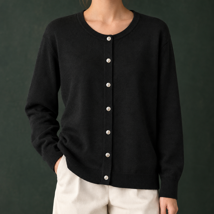 Women's Fine Knit Crew Neck Button-Through Cardigan – Avis – Black – front view