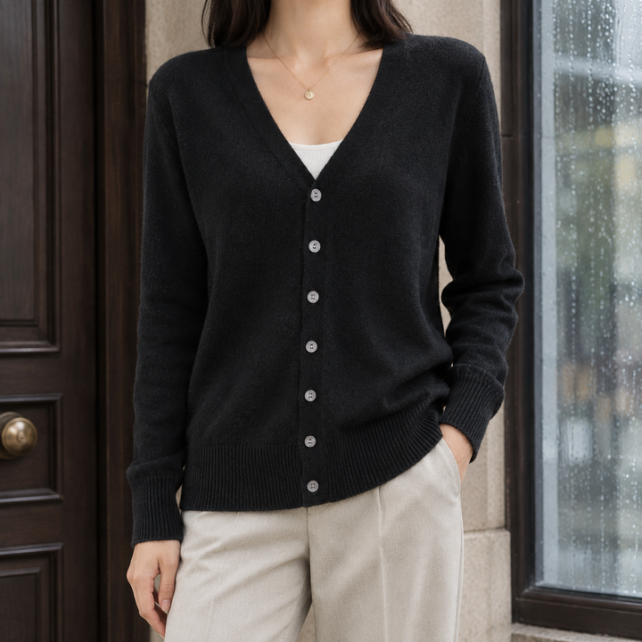 Women's Soft Knit V-Neck Button-Through Cardigan – Alanna – Black – front view