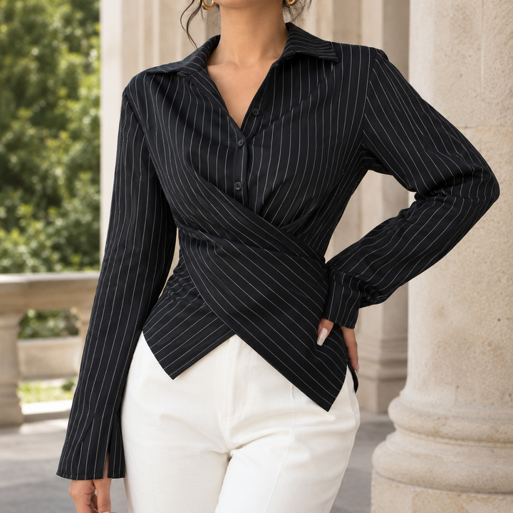 Women's Pinstripe Wrap Front Fitted Shirt Carinne – Black Pinstripe – front