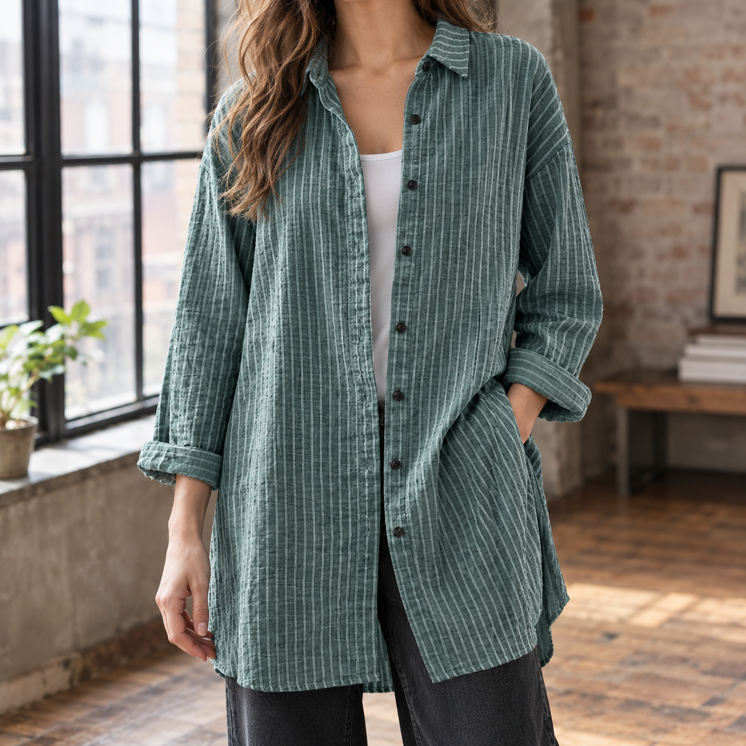 Women's Striped Longline Oversized Button-Up Shirt Leontine – Green – front