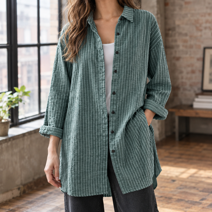 Women's Striped Longline Oversized Button-Up Shirt Leontine – Green – front