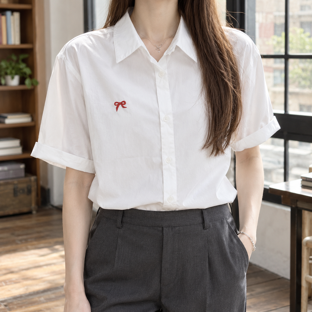 Women's Bow Embroidered Short Sleeve Shirt Honora – White – front