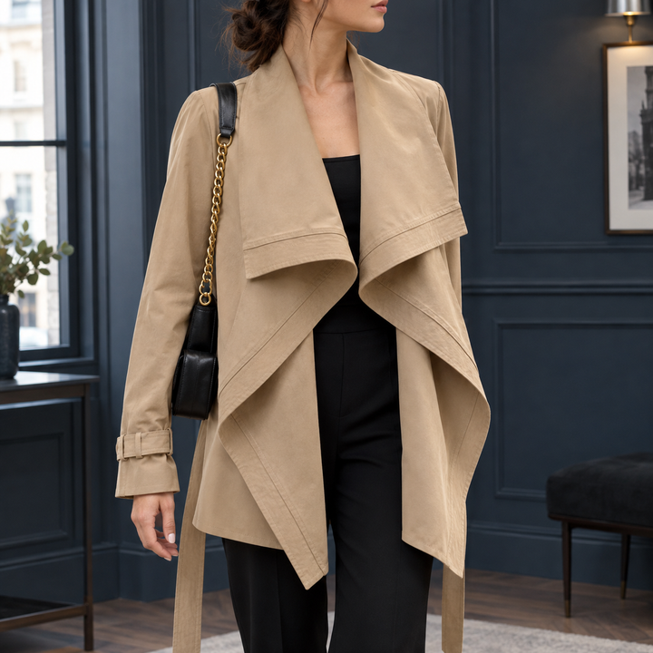 Bridport women's waterfall draped jacket in Beige – front view