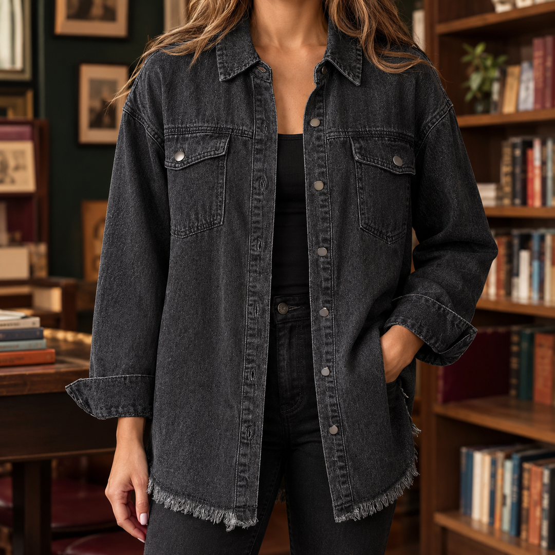 Women's Longline Denim Shacket with Frayed Hem Sloane – Washed Black – front