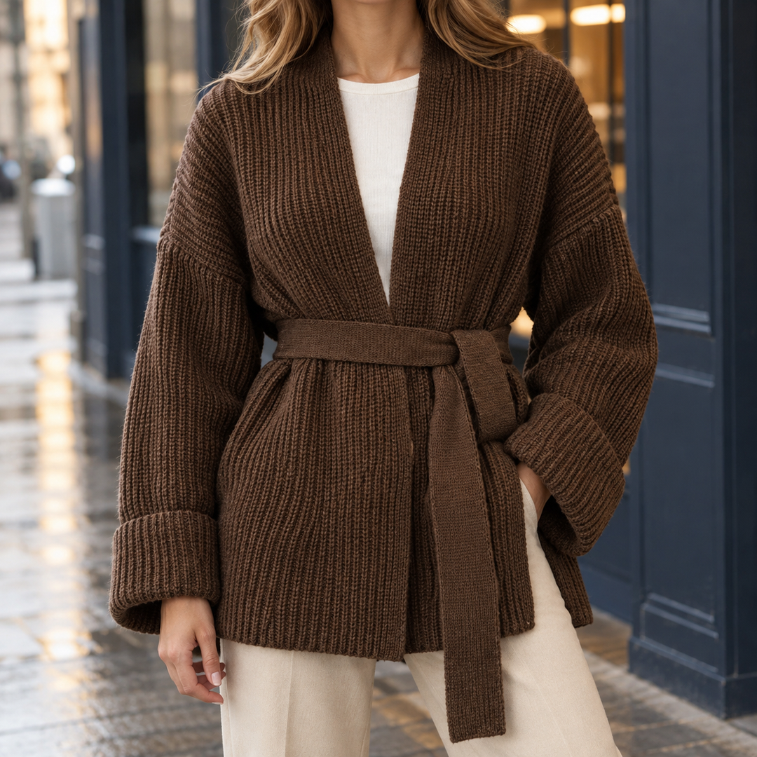 Women's chunky belted cardigan Niamh in Brown – front view