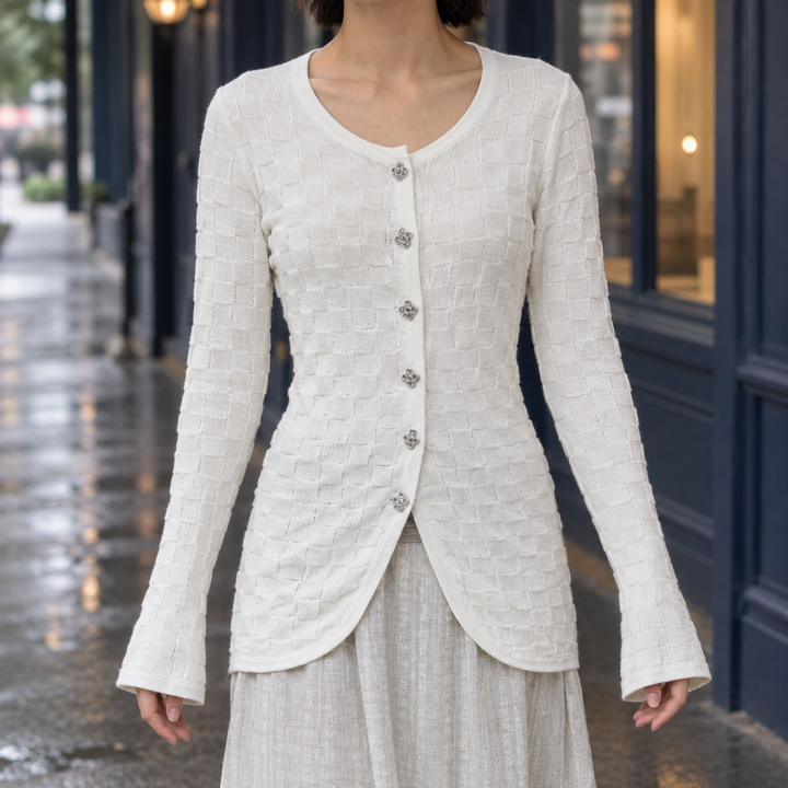 Women's Textured Button-Through Cardigan with Flared Sleeves – Eira – Ivory – front view