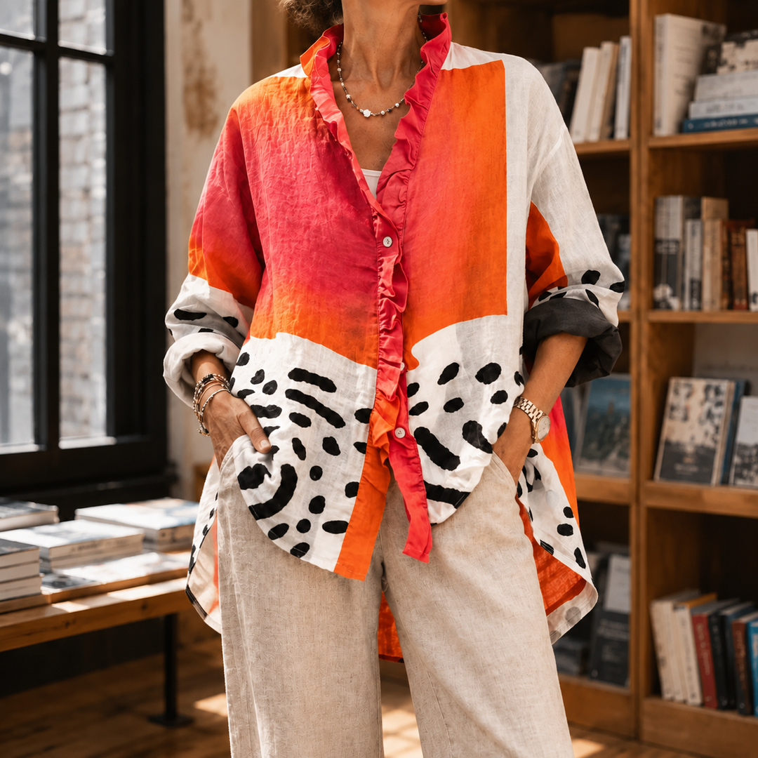 Women's Colour Block Ruffle Collar Oversized Shirt Wrenna – Orange Pink Multi – front