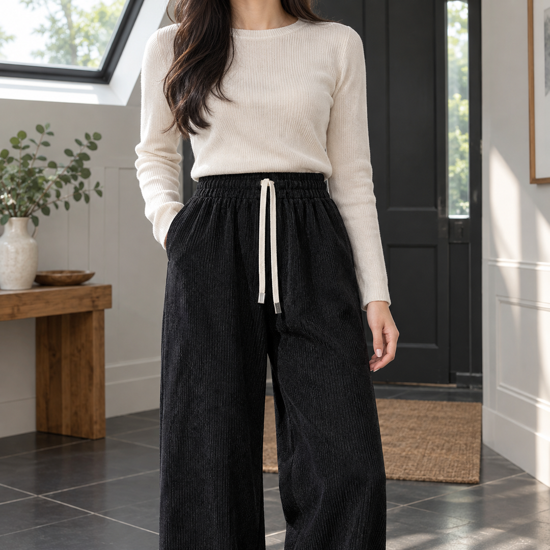 Women's Ribbed Wide-Leg Drawstring Trousers – Maxine-Claire – Black – full-length view