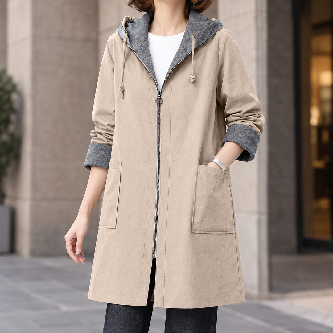 Bosham women's hooded zip-up coat in Stone – front view