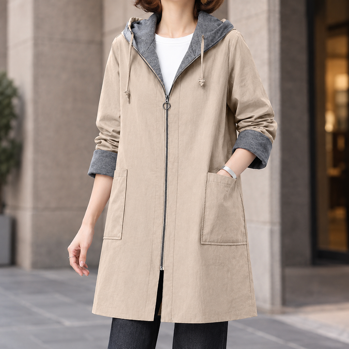 Bosham women's hooded zip-up coat in Stone – front view