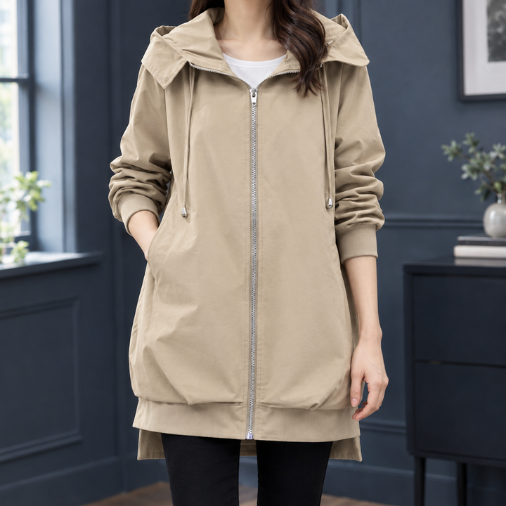 Brecon women's hooded zip-up jacket in Stone – front view