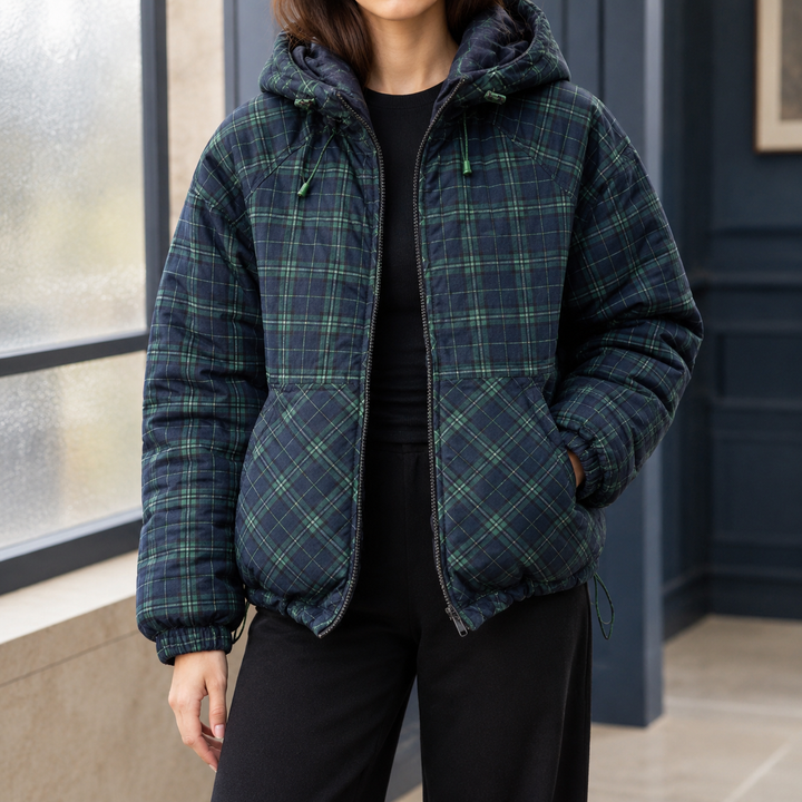 Criccieth women's hooded padded jacket in Green Check – front view