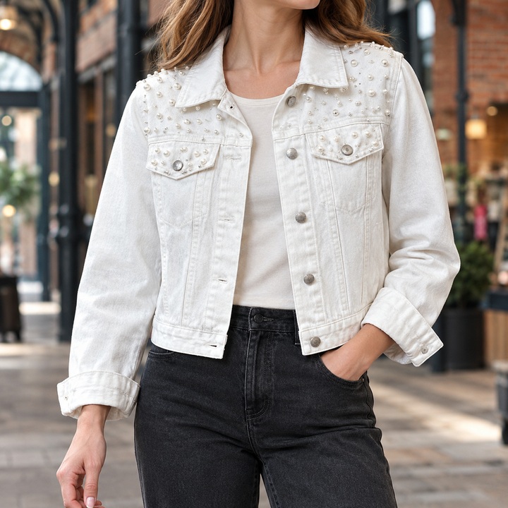 Women's Cropped Denim Jacket with Pearl Embellishment – Llandeilo – White – front view