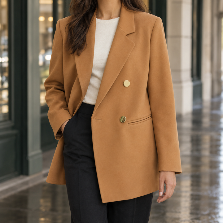 Charmouth women's longline blazer in Camel – front view