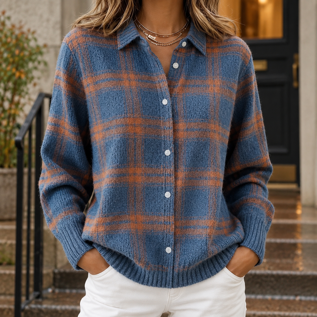 Women's Knitted Check Shacket with Ribbed Cuffs Solange – Blue & Rust Check – front