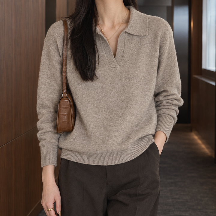 Women's Relaxed Polo Collar Knit Jumper – Selma – Beige – front view