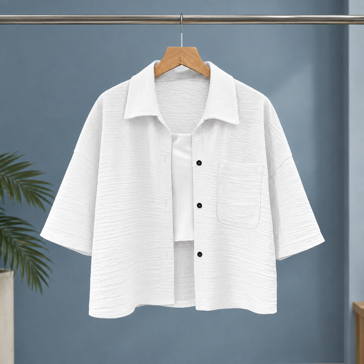 Women's Cropped Textured Short Sleeve Boxy Shirt Karen – White – front