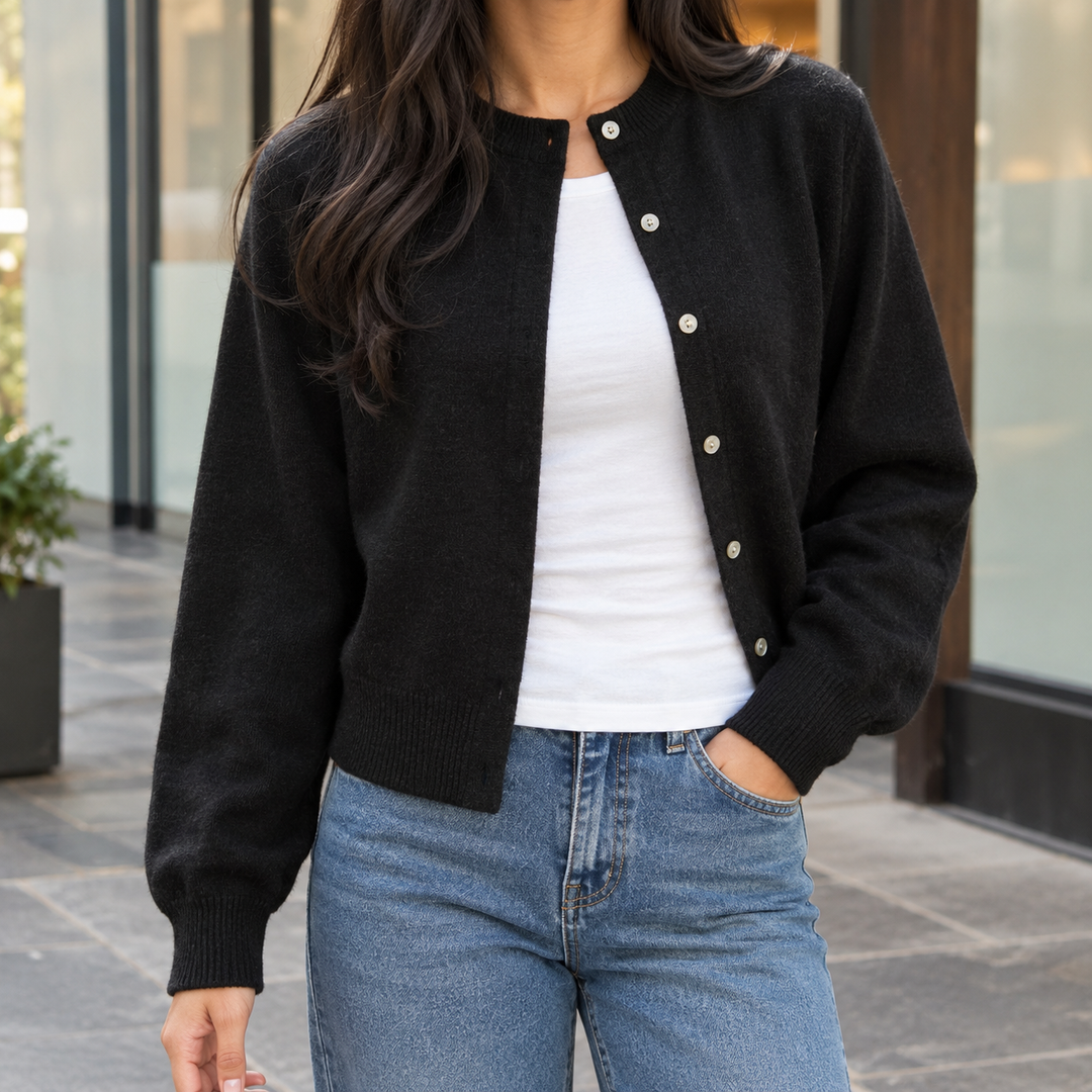 Kerensa - Women's crew neck cardigan in Black – front view
