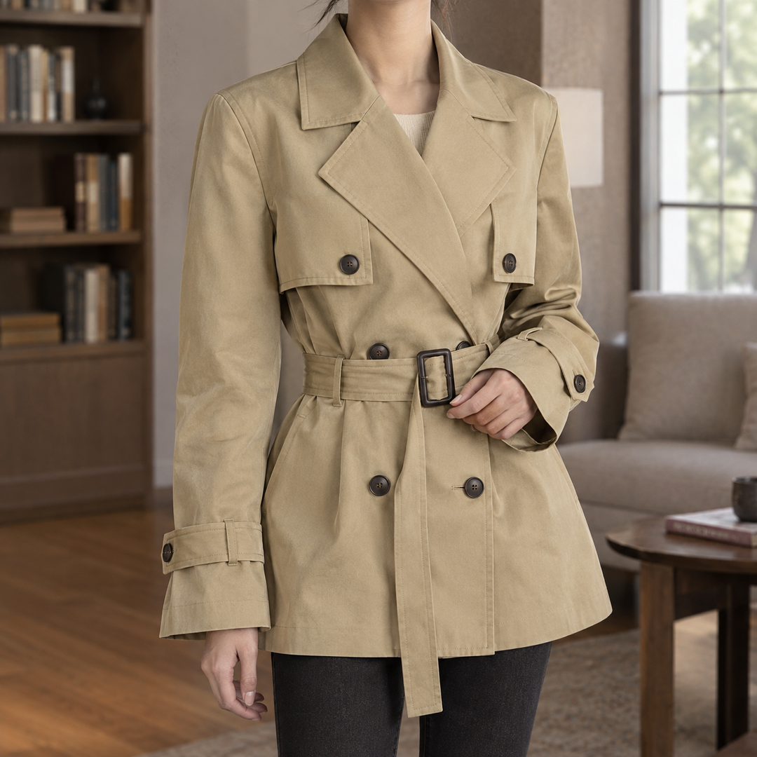 Brixham women's short trench jacket in Camel – front view