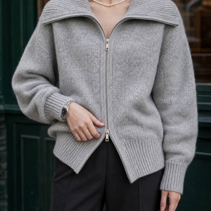 Hilda - Women's zip-through knit cardigan in Grey – front view