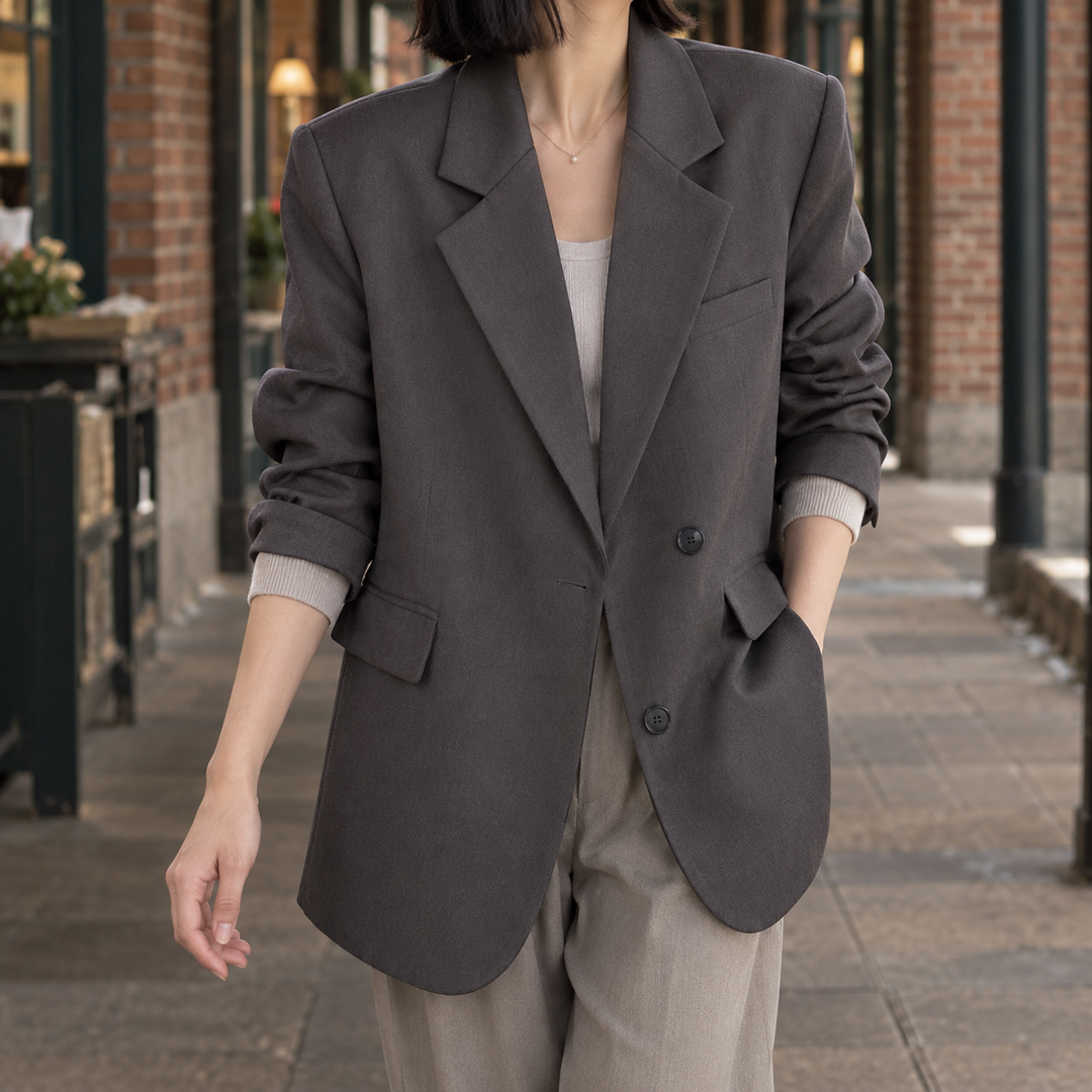Women's Oversized Boyfriend Blazer with Broad Lapels – Leyburn – Charcoal – front view