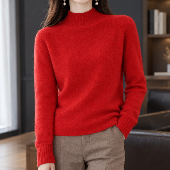 Women's Cashmere Mock Neck Jumper with Raglan Sleeves – Wilma – Red – front view