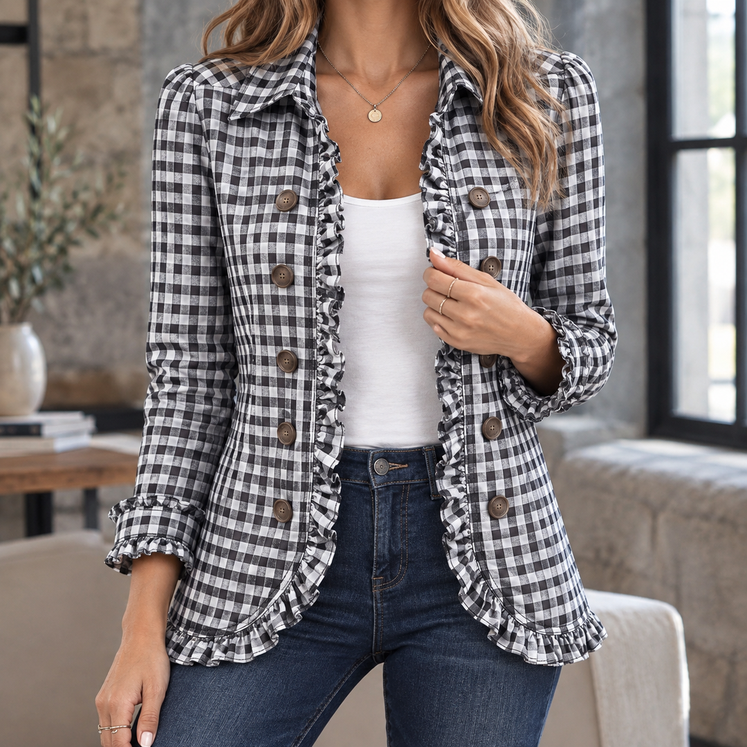 Women's Ruffle-Trim Fitted Jacket with Double Buttons Maude – Black Gingham – front