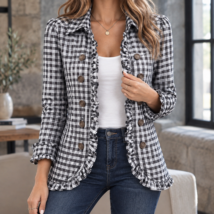 Women's Ruffle-Trim Fitted Jacket with Double Buttons Maude – Black Gingham – front