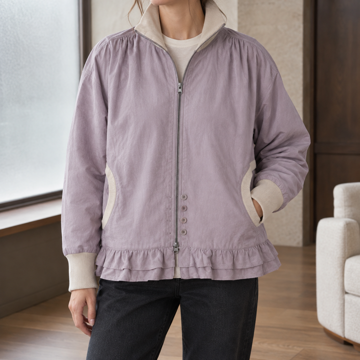 Langholm women's ruffle hem zip jacket in Lilac – front view