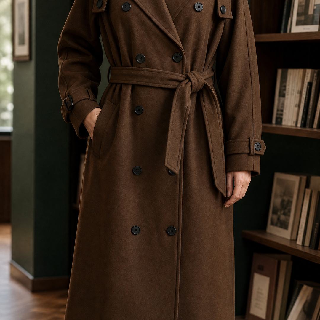 Portree women's soft-touch longline coat in Brown – front view