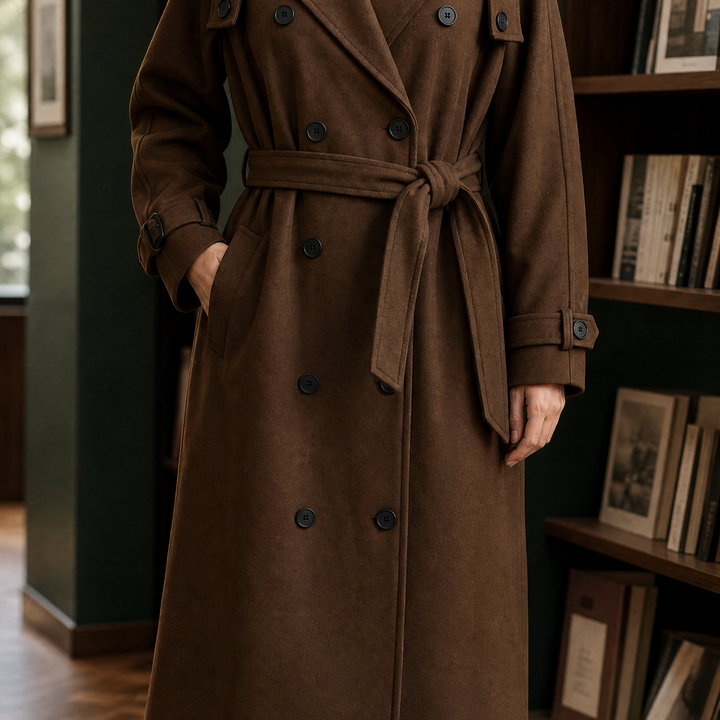 Portree women's soft-touch longline coat in Brown – front view