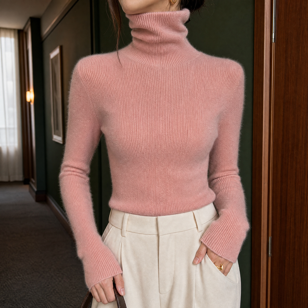 Women's Slim Fit Fine Ribbed Roll Neck Jumper – Sigrid – Pink – front view