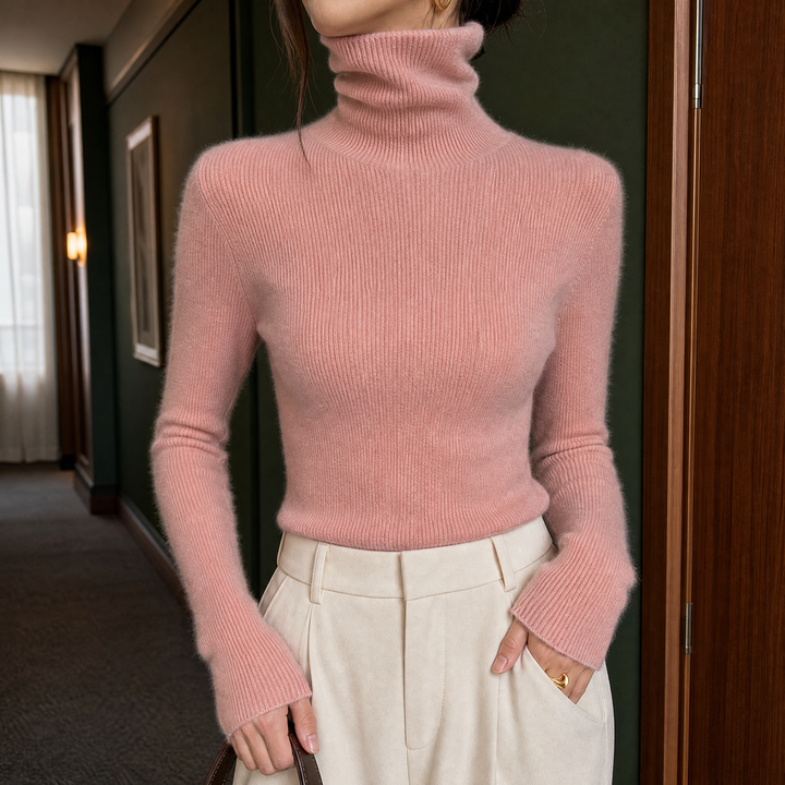 Women's Slim Fit Fine Ribbed Roll Neck Jumper – Sigrid – Pink – front view