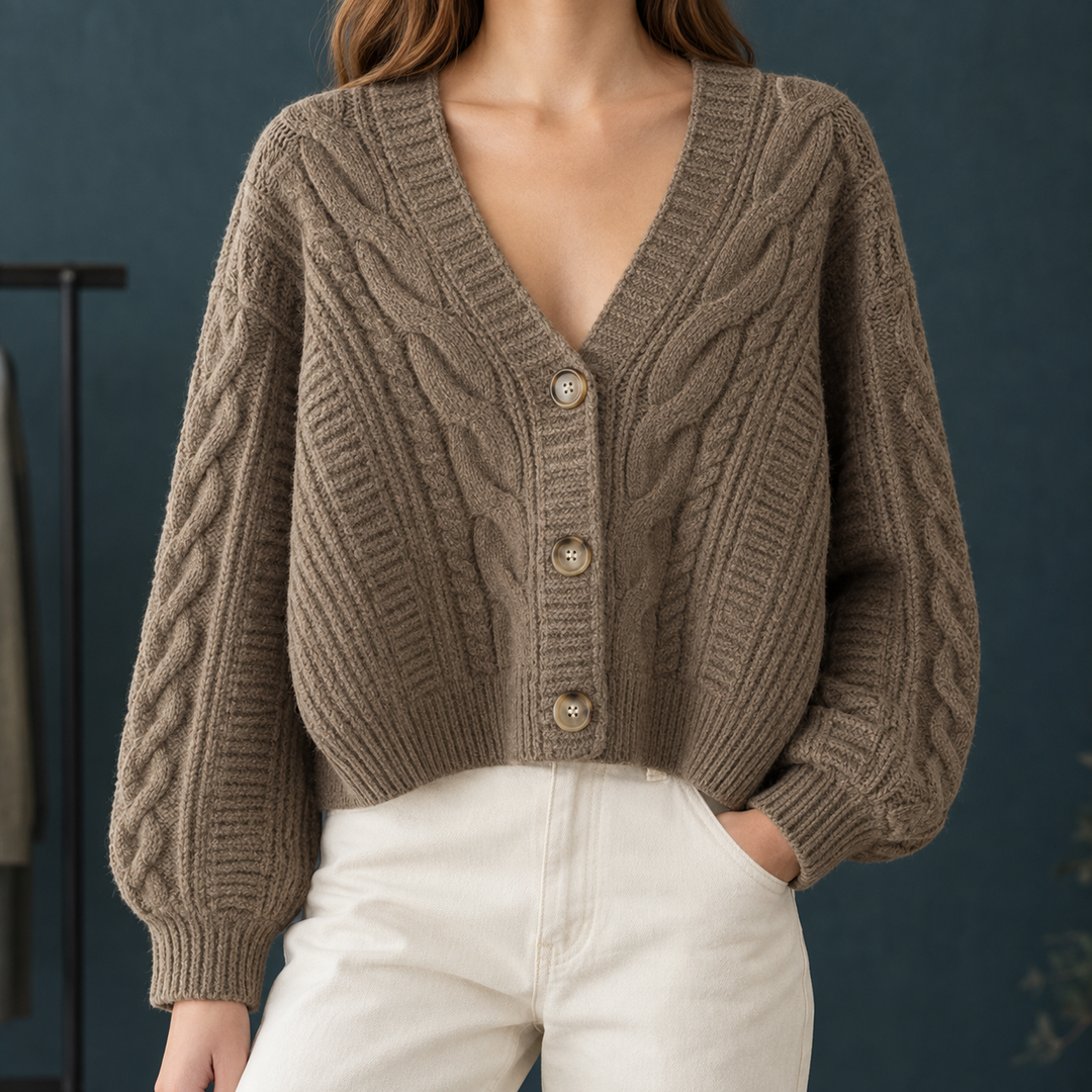 Women's Cropped Cable Knit V-Neck Cardigan – Branwen – Taupe – front view