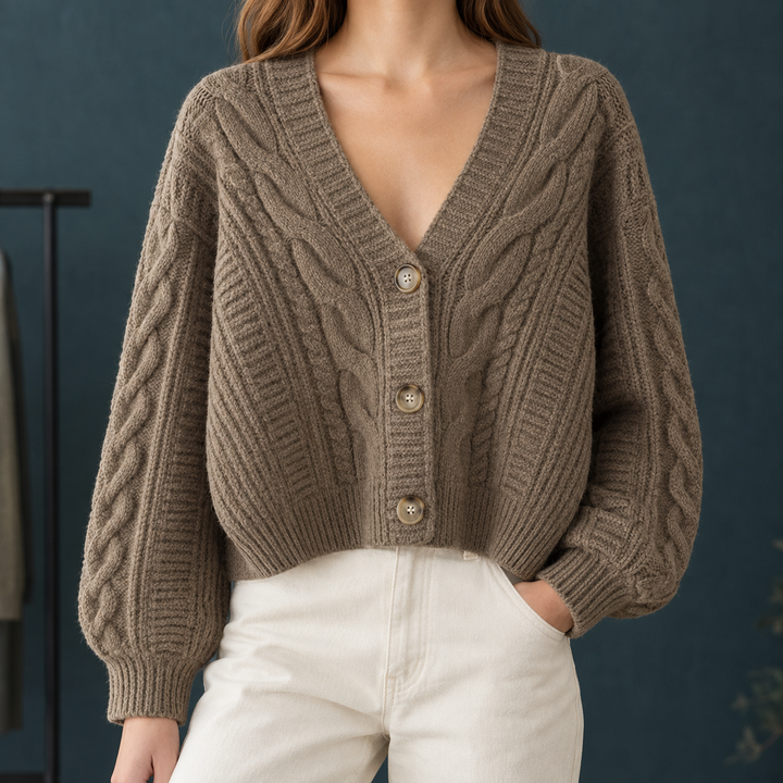 Women's Cropped Cable Knit V-Neck Cardigan – Branwen – Taupe – front view