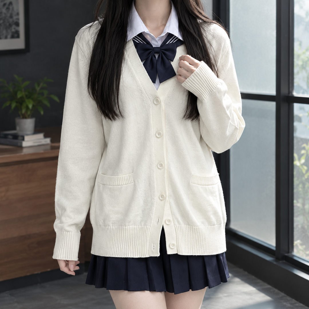 Women's V-Neck Button-Through Cardigan with Pockets – Ettie – White – front view