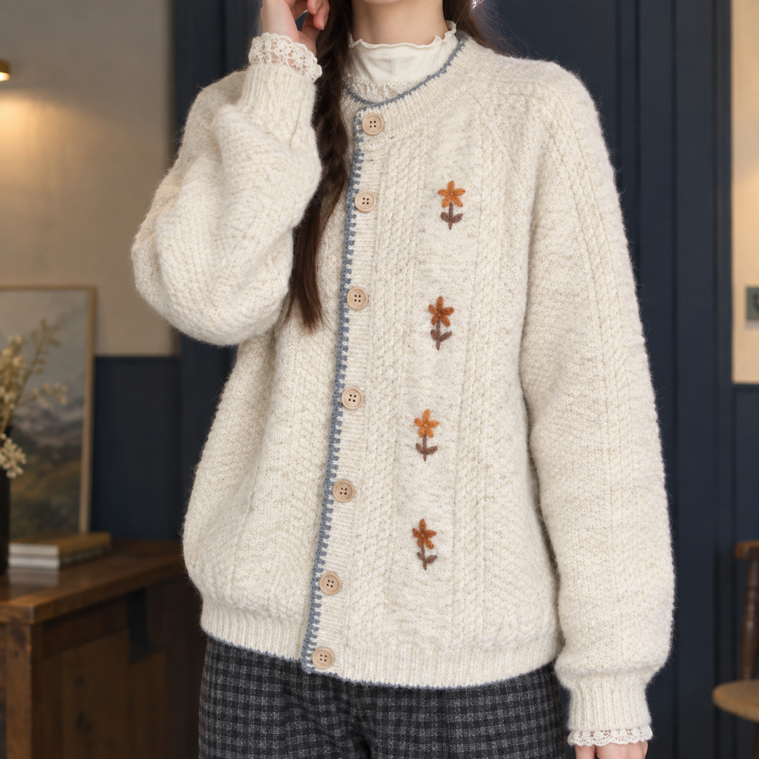 Women's floral embroidered cardigan Aurelie in Oatmeal – front view