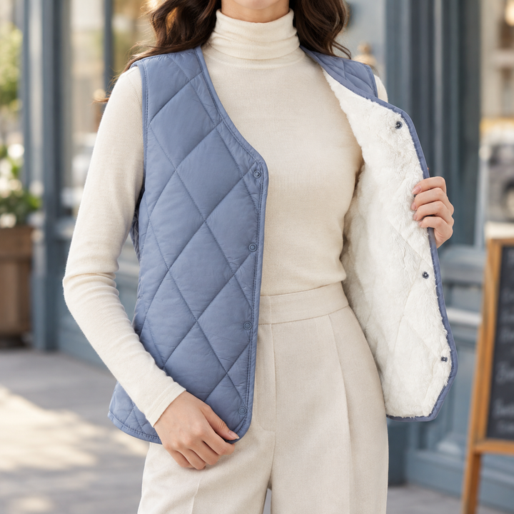 Women's Diamond Quilted Gilet with Plush Lining – Lerwick – Dusty Blue – front view showing lining