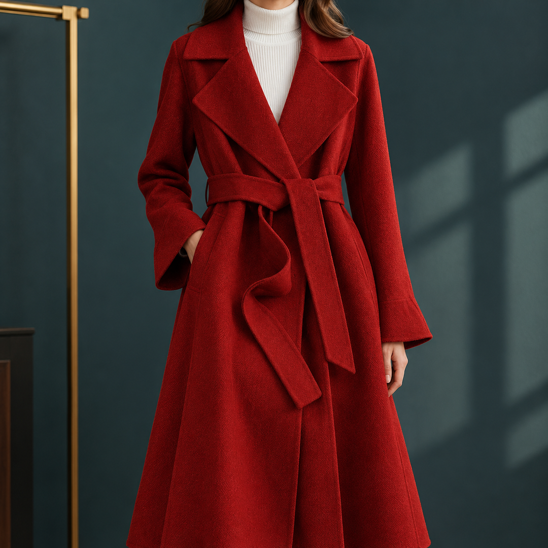 Woodstock women's wool wrap coat in Brick Red – front view