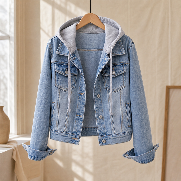 Harpenden women's hooded denim jacket in Light Blue – front view
