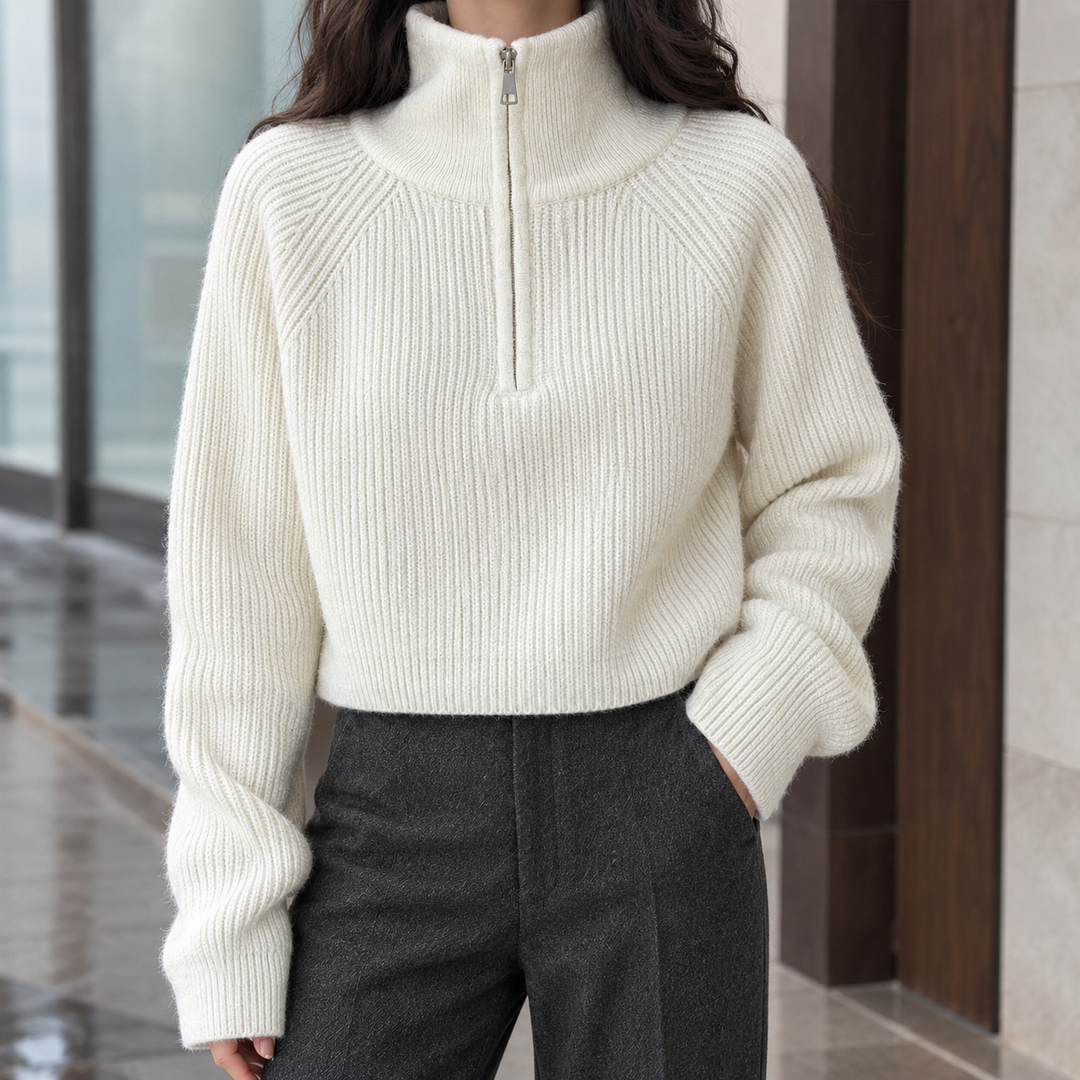 Women's Cropped Ribbed Half-Zip Jumper – Tegwen – Cream – front view