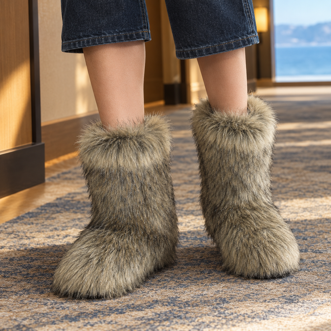 Buttermere women's fluffy plush mid-calf boots in Taupe – front view